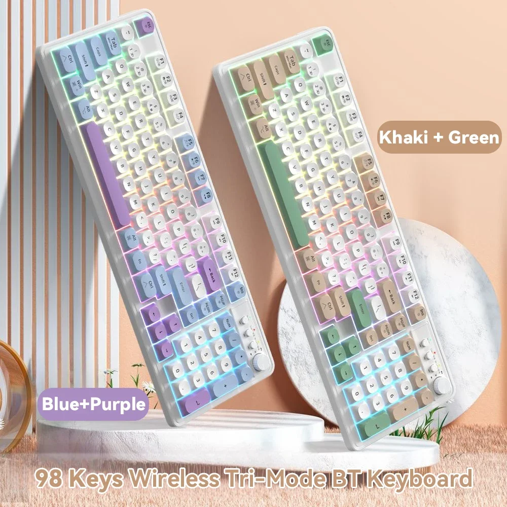 لوحة مفاتيح لاسلكية مع مقبض ومفاتيح الوسائط، 98 مفتاحًا، 3 أوضاع، BT، 2.4G، USB-C، قابلة لإعادة الشحن، غشاء RGB، Win، Mac، Office #1