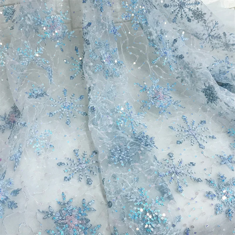 1 Yard Blue embroidery Snowflake Sequined Mesh lace fabric For Cosplay, Prom, Evening Dress, Wedding Birthday Prom