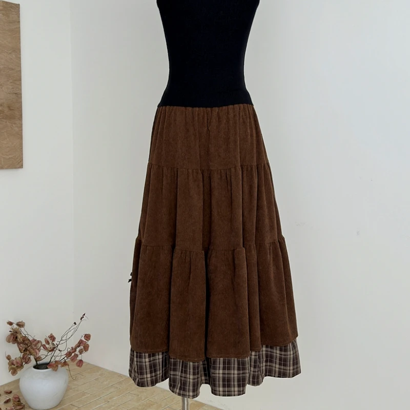 Bowknot Design Mid Long Skirts Womens Corduroy Skirt Spring Autumn Korea Style Patchwork High Waist Ruffle Pleated A-Line Skirts