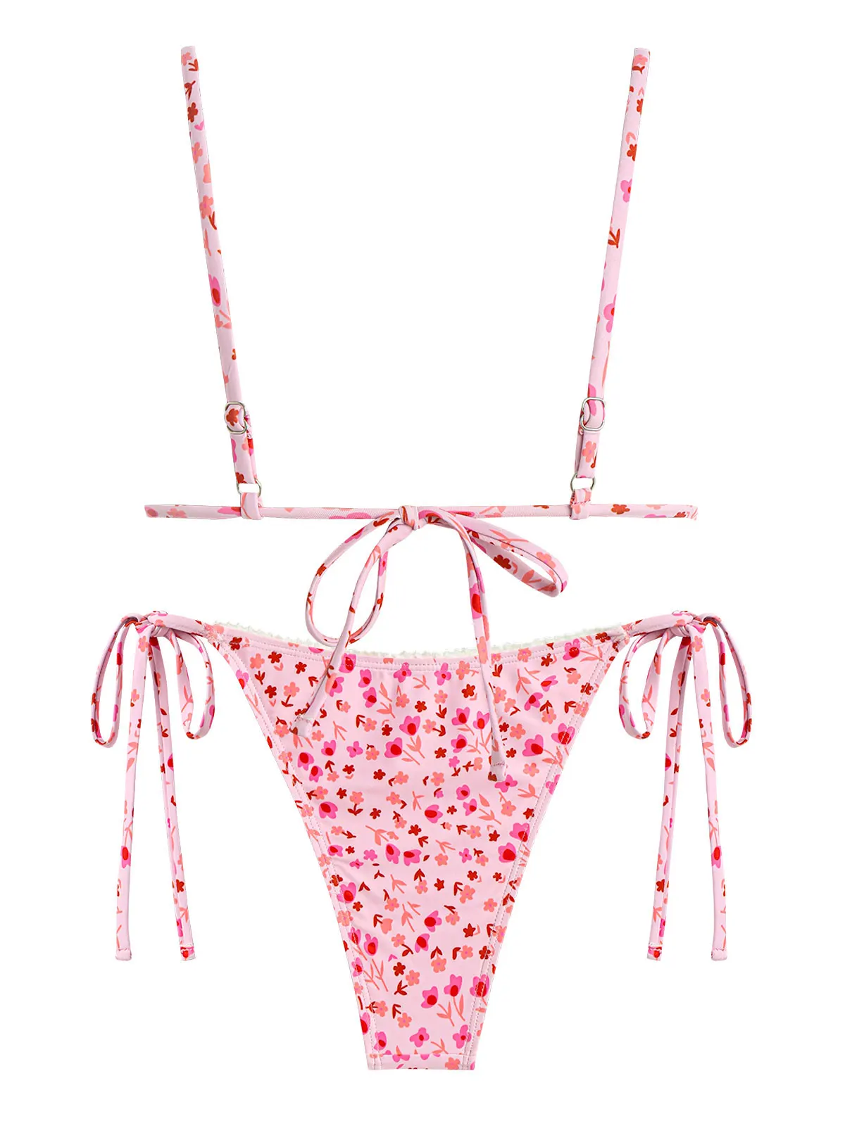 Zaful Dames Kanten Trim Ditsy Bloemenprint Driehoek Stropdas Kant Verstelbare Spaghettibandje String Tanga Bikini Set Badmode