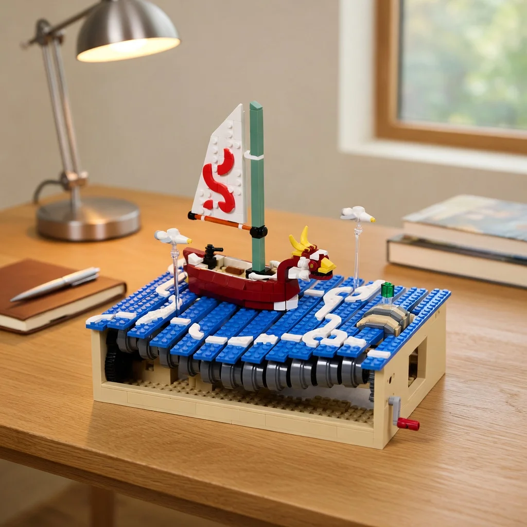 MOC Wind Adventure Red Dragon Boat Building Blocks Ocean Wave Mechanical Ship Model Desktop Decor Bricks Display Gift Toy view 4