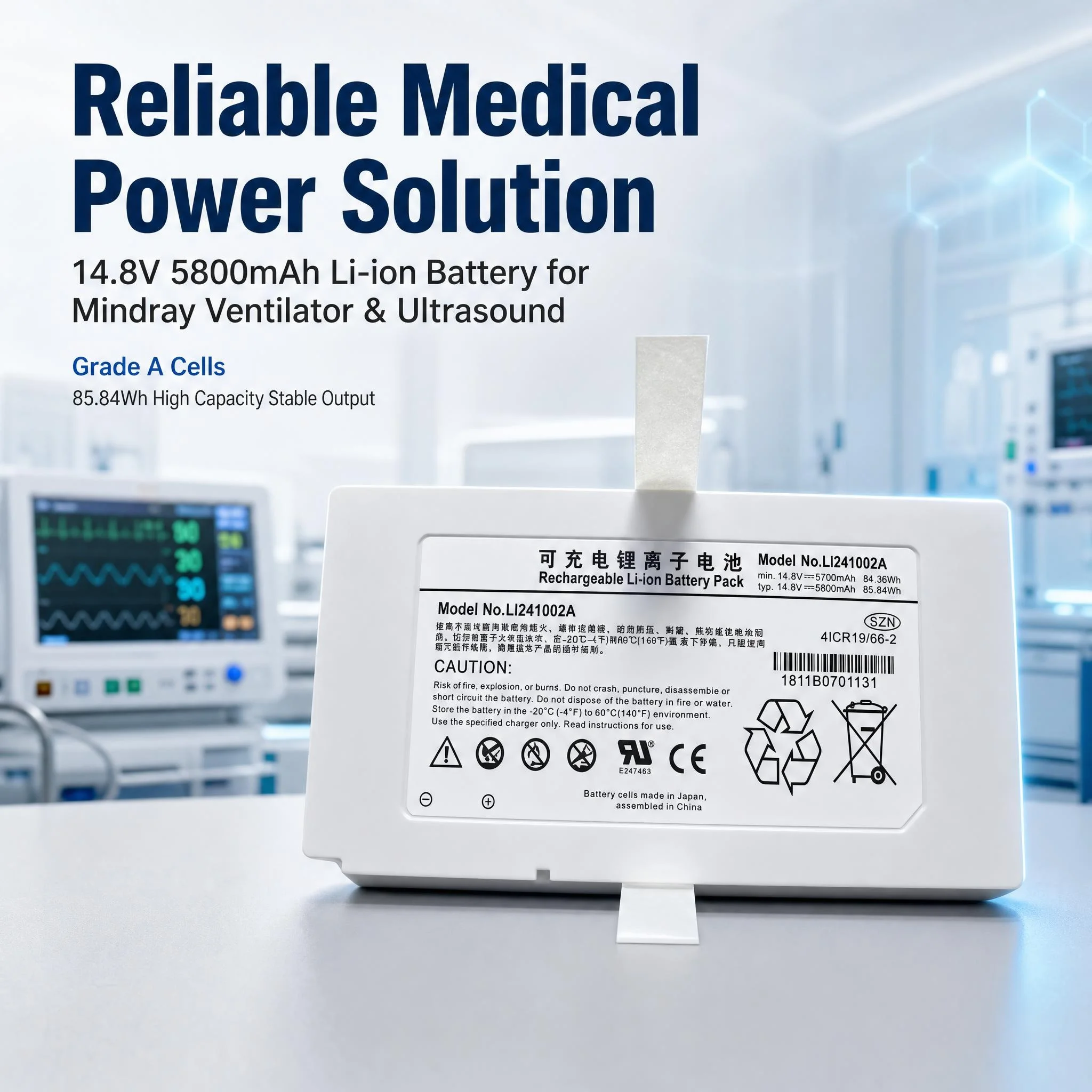 LI241002A Medical Li-ion Battery 14.8V 5800mAh 85.84Wh for Mindray SV300 SV350 Ventilator M8 M9 M9S M10 TE7 Ultrasound