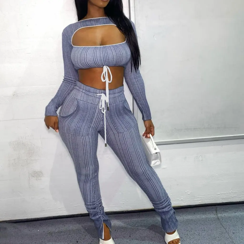 

Women's Striped Printed Pencil Pants And Short Top Elegant Commuter Two-Piece Set Sexy