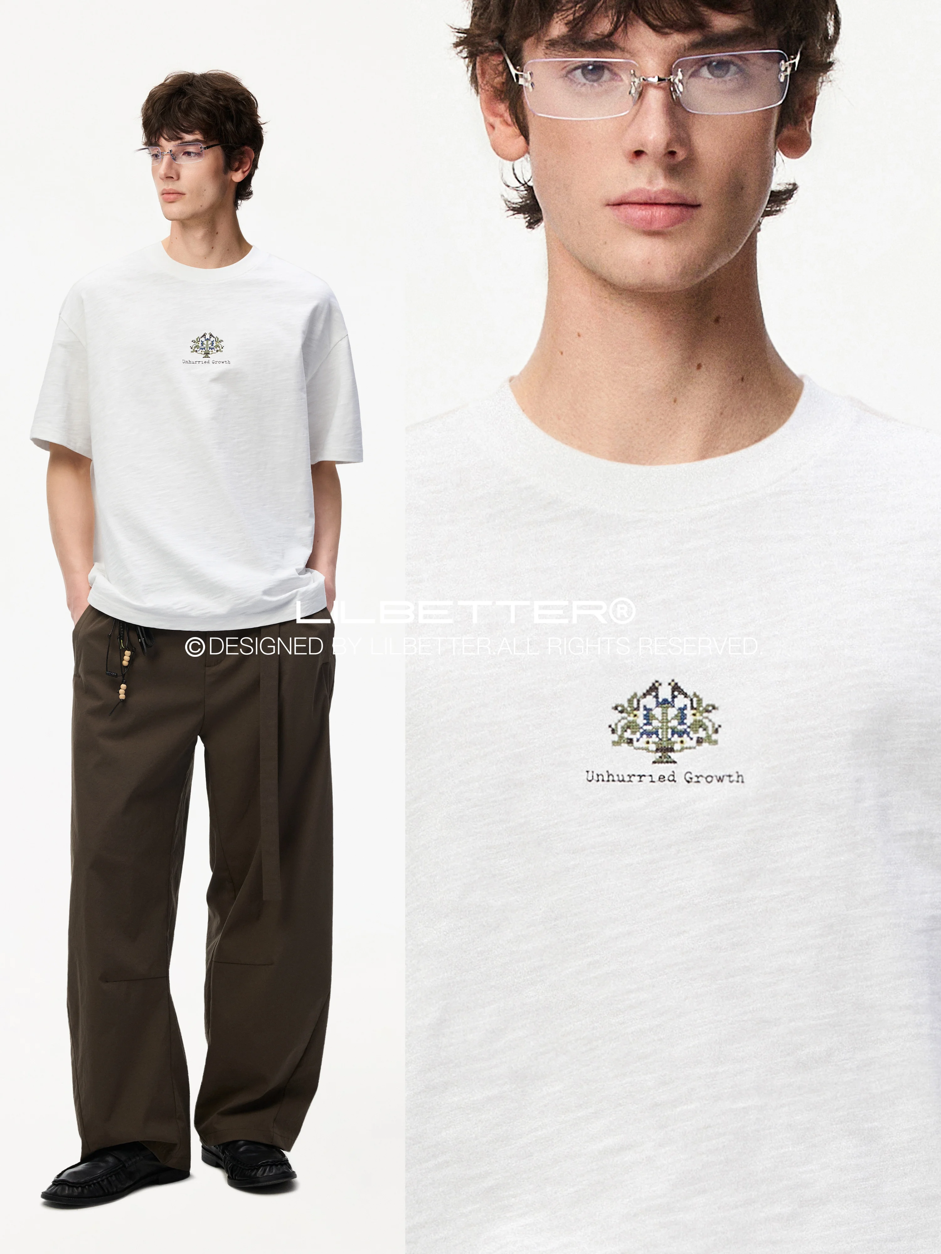 Lilbetter Casual Knitted Short Sleeve Bamboo Cotton T-Shirt Embroidered Pixel Style Comfortable Growth Fashionable Streetwear