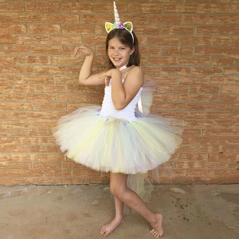 Girls Pastel Unicorn Trailing Tutu Dress Girls Ballet Tutus Tulle Dress with Flower Hairbow Kids Cosplay Party Costume Dresses