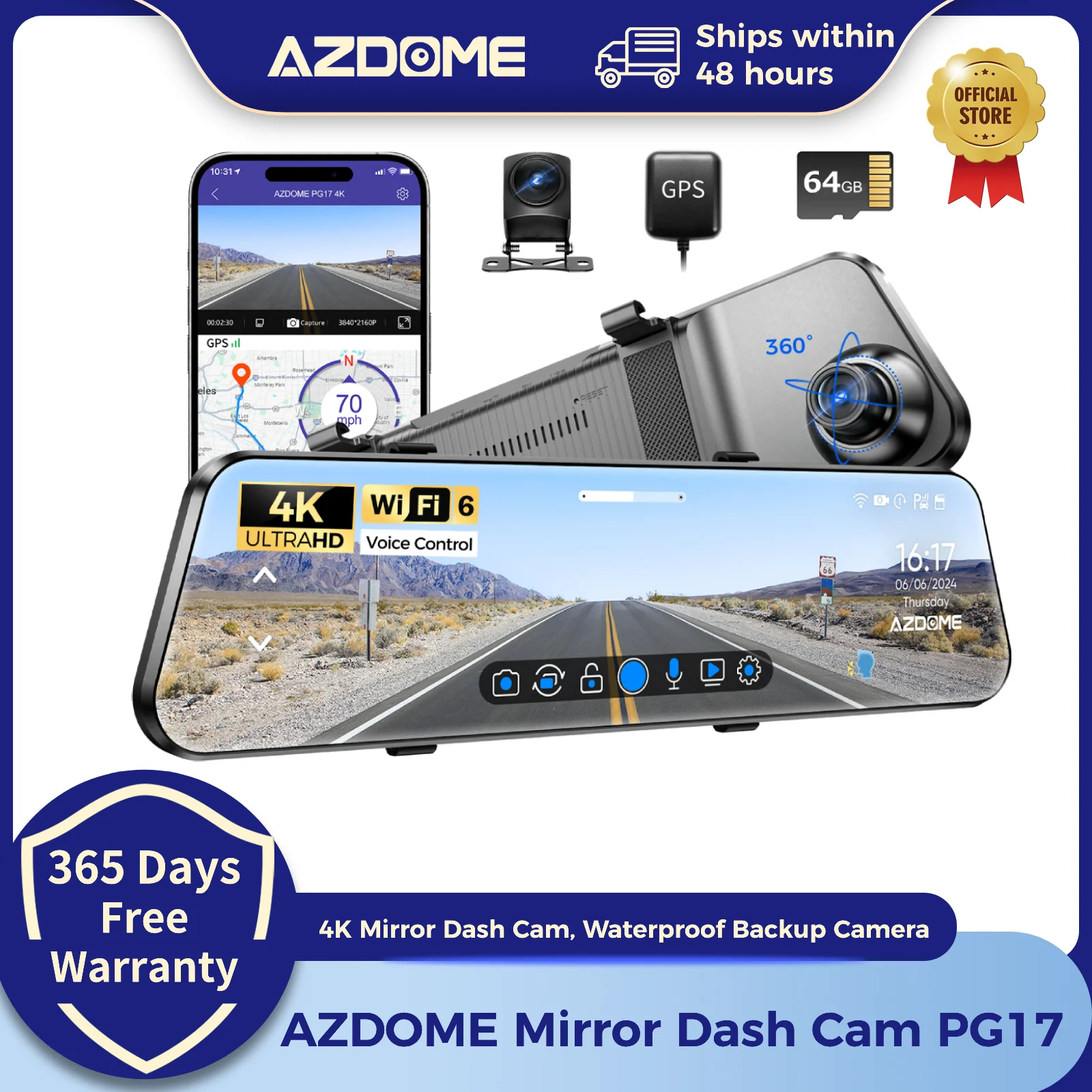 AZDOME RearView Dash cam PG17 GPS WiFI Camera 11.8