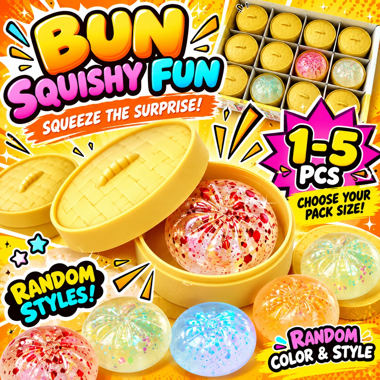 Mini Steamed Bun Dumpling Squishy 1-5PCS Crystal Style with Steamer Soft Squeeze Sensory Fidget Desk Decor Novelty Gift Set