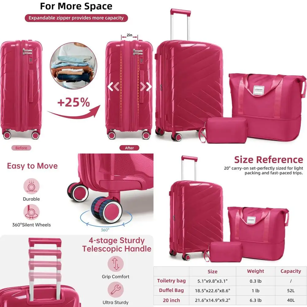 20 Inch Airline Approved Expandable Hardshell Carry-On Suitcase Set with Spinner Wheels for Women in Rose Red