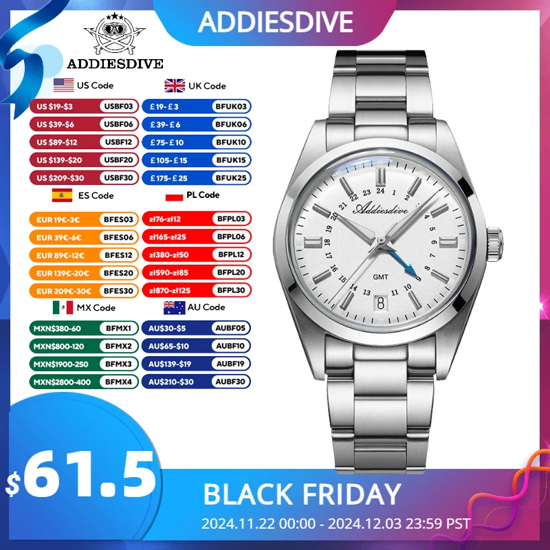 ADDIESDIVE GMT Watch New Quartz Wristwatch 100m Waterproof AR Coating Domed Glass Date Luminous 316L Stainless Steel 36mm Watch