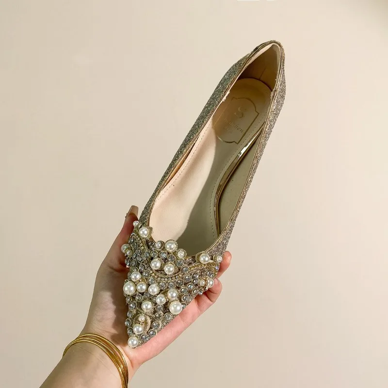 High-end Rhinestone Block Heel Single Shoes Fashion Pointed Toe Shallow Mouth Slip-on Non-Slip Low Top Shoes view 2