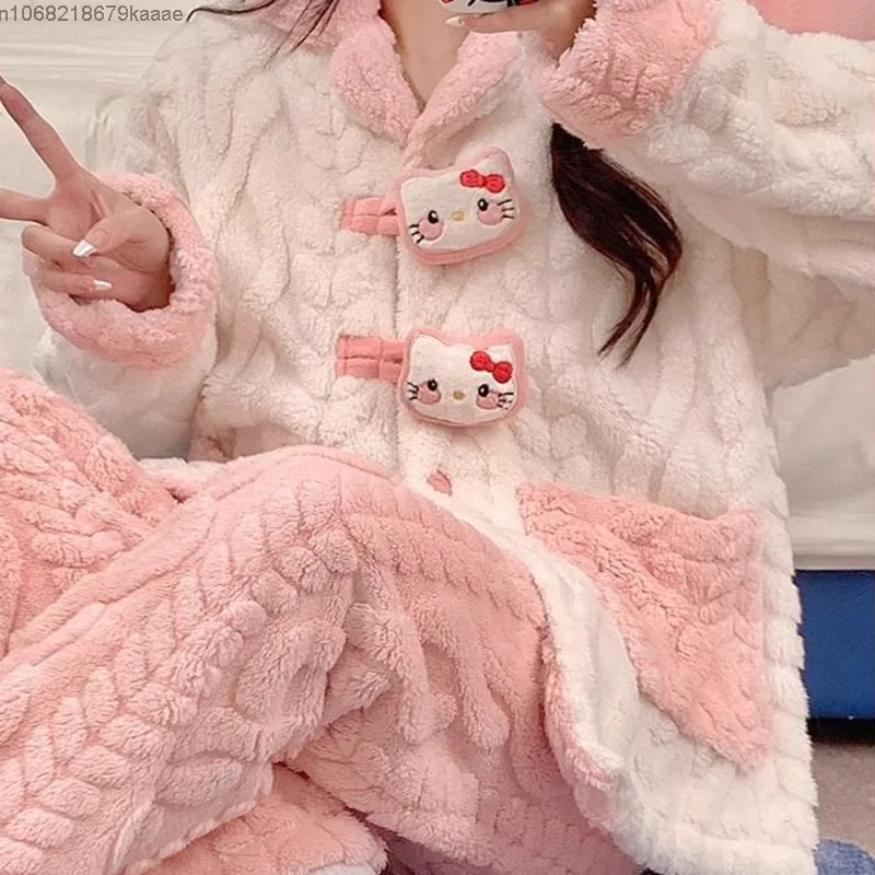 Sanrio Hello Kitty Autumn Winter Coral Fleece Thick Warm Pajamas For Women Set Cute Fashion Sleepwear Trend Casual Home Clothes