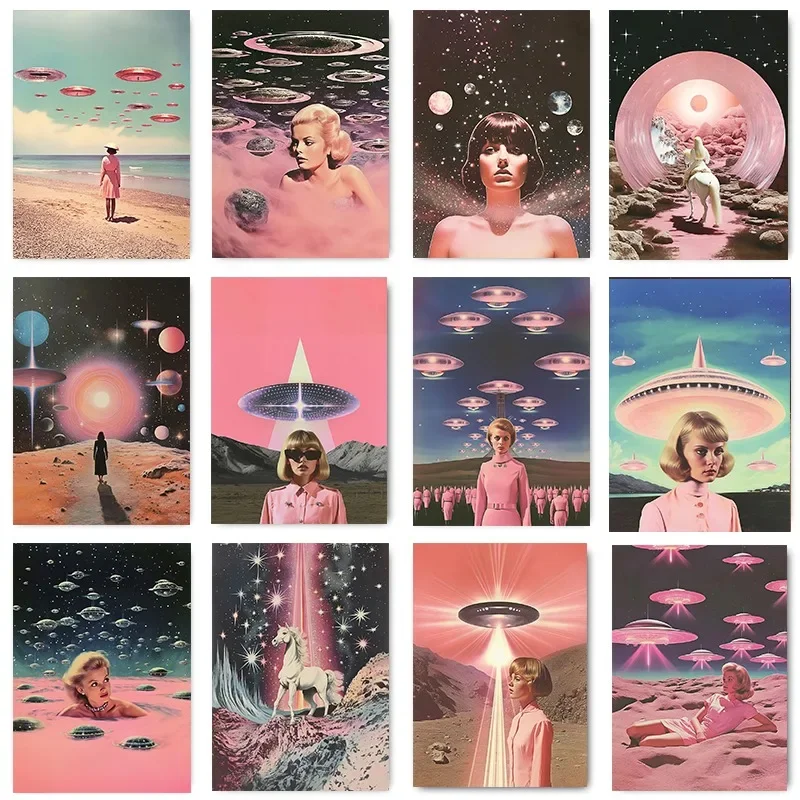 Vintage Psychedelic Pink Aliens UFO with Woman Posters Prints Canvas Painting Retro Space Wall Art Pictures for Home Room Decor