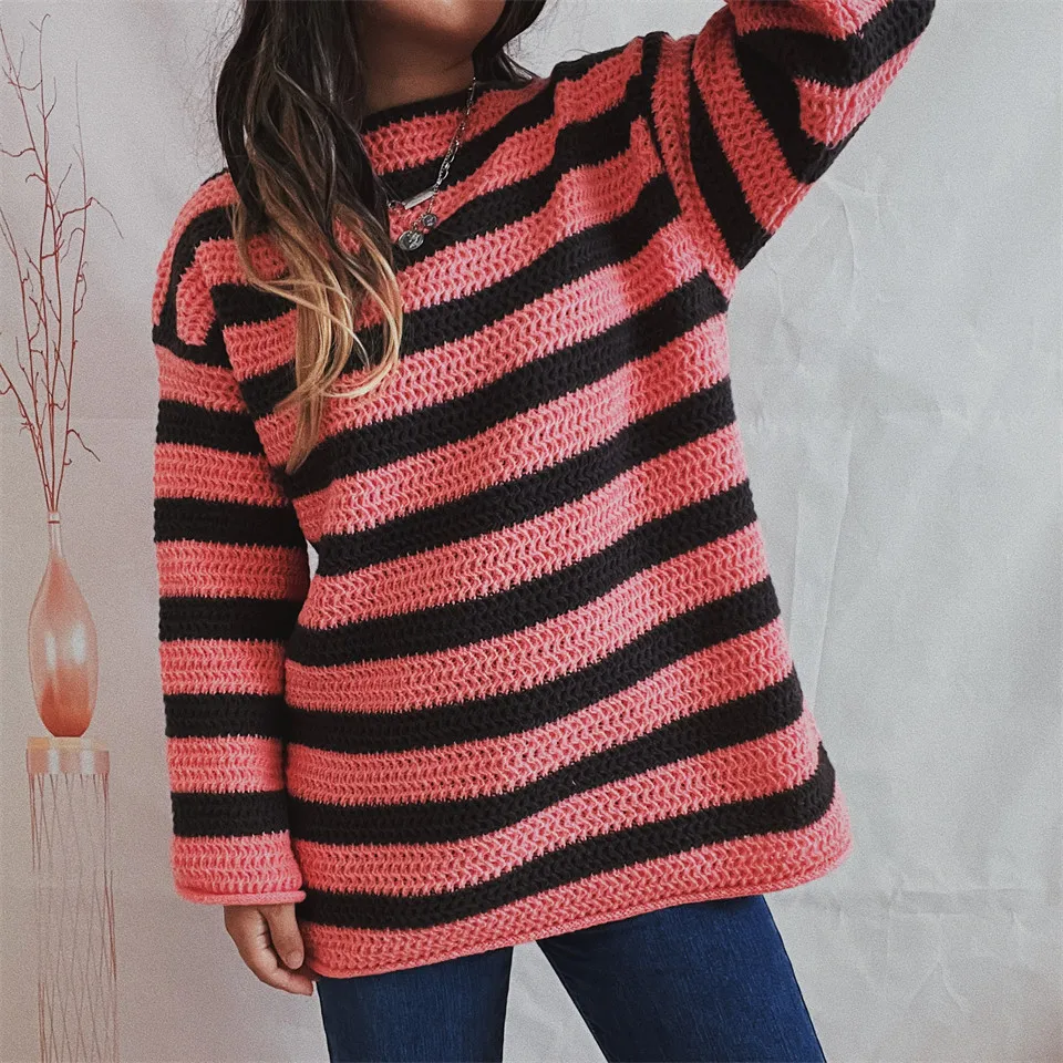 

Autumn Winter Sweater Loose Striped Contrasting Colors Fashionable Comfortable Clothes Long-sleeved Knitted One-line Collar Tops