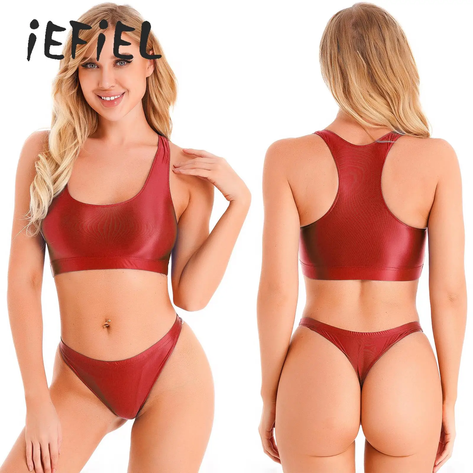 

Women Glossy Two-pieces Swimsuit Swimwear Oil Shiny Tank Crop Top with Low Rise Briefs Bikini Set Swimming Outfit Bathing Suit