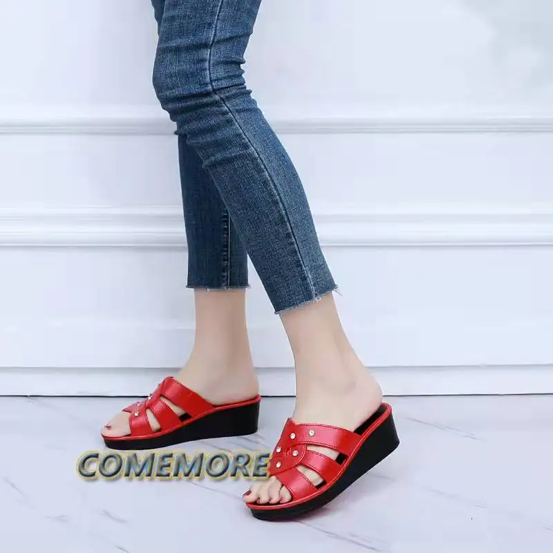 Slippers Platform Wedges Women Sandals Summer Female Mules Beach Casual Shoes Breathable Thick Bottom Non-Slip Solid Outside PU