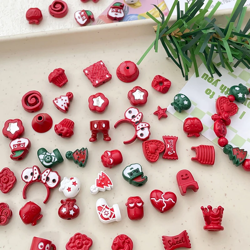 6pcs Cartoon Christmas Painting Series Christmas Tree Beads Separated Beads DIY Bracelet Mobile Phone Chain Beaded Accessories