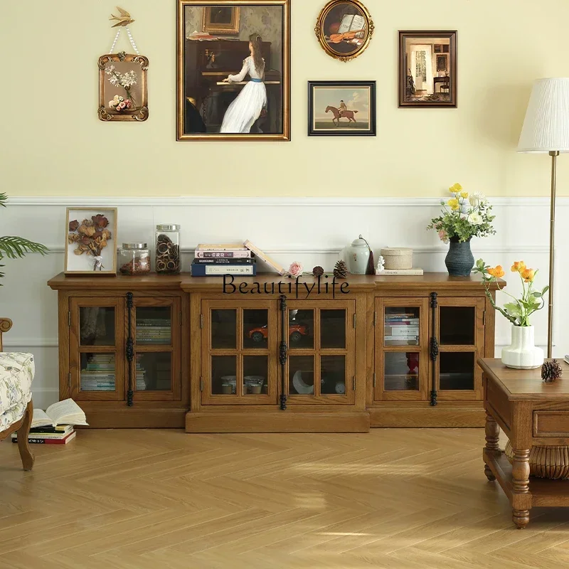 

LAmerican country solid wood oak TV cabinet high cabinet retro log heaven and earth lock floor storage