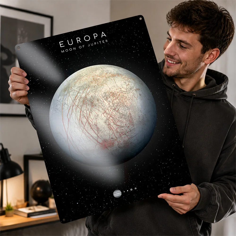 Europa Moon Of Jupiter Aluminum Poster Scientific Illustration Wall Art For Study Personalized Metal Sign Astronomy Lover Gift