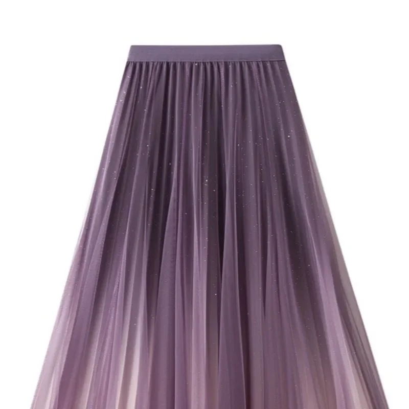 2026 جديد المرأة السماء المرصعة بالنجوم التدرج اللون شبكة تنورة تنانير طويلة الخريف الشتاء مرونة الخصر ذات الطابقين مطوي ألف خط التنانير #6