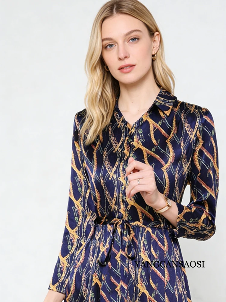 2026 Spring Clothing Temperament Waist Cinching Lapel 90% Natural Mulberry Silk Elastic Satin Long Sleeved Printed Women's Dress