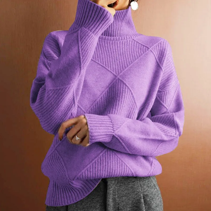 Women's Turtleneck Long Sleeve Loose Fit Thick Tie Dye Sweater 3D Effect Crochet Regular Length Winter Women's Clothing Gray