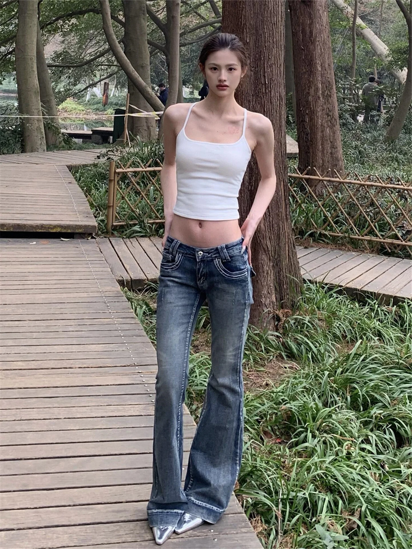 

Retro American Spicy Girl Y2K Low Waist Bell Bottom Jeans Women's Slimming Casual Floor Length Pants Spring Cotton Denim