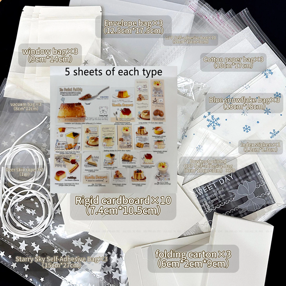 194pcs CaramelPudding Design DIY Packaging Decorating Set-Foldable Cards, Stickers, OPP Self-Adhesive Bags-Used Kpop, Birthday G