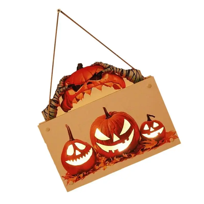 Halloween Door Decor Pumpkin Light Wood Sign Front Door Hanger Porch Decor For Farmhouse Home Halloween Wall Decoration Bar Wall