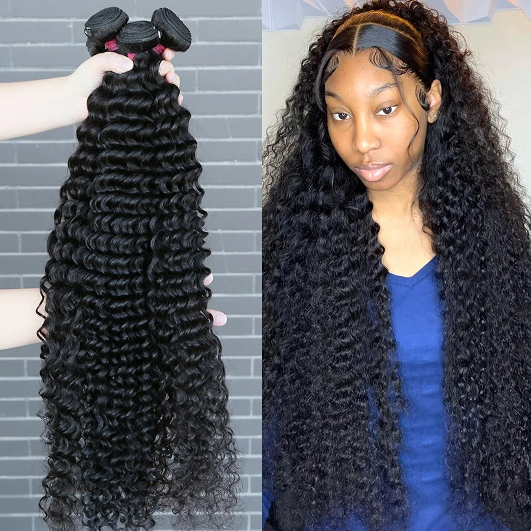 Extensiones de cabello humano rizado de 28 30 y 32 pulgadas, extensiones de pelo ondulado brasileño, extensiones de cabello virgen sin procesar Remy de onda profunda, 3 y 4 paquetes de agua