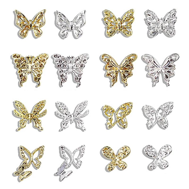 

10PCS 3D Alloy Butterfly Nail Art Charms Parts Gold Silver Metal Accessories For Nails Decoration Manicure Decor Supplies