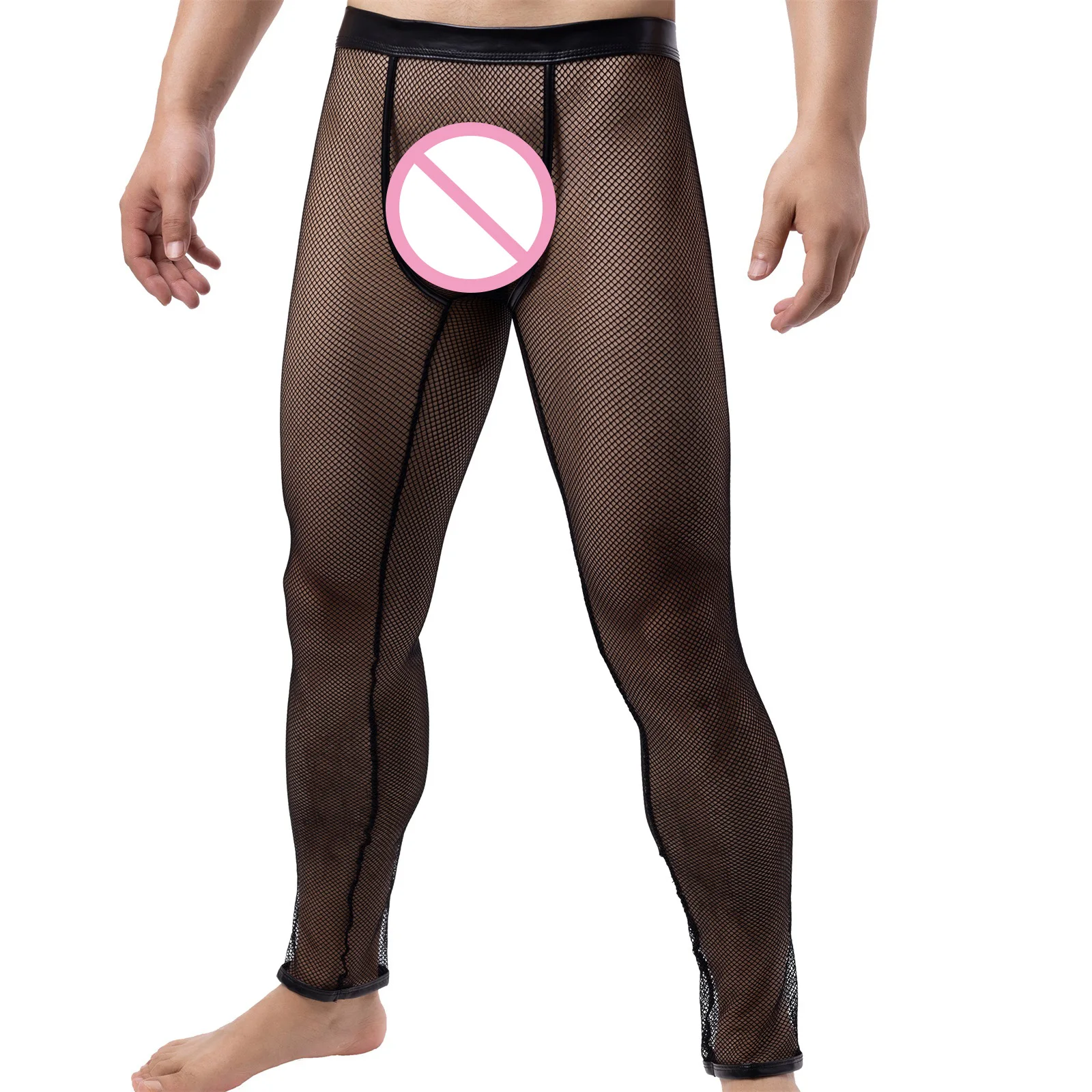 Pantalones largos de malla transparente para hombre, ropa de dormir Sexy, con bolsa para pene, CLEVER-MENMODE