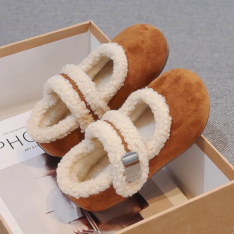 Winter Girl's Mary Janes Plain Design Plush Warm Kid's Flat Shoe Solid Colors Anti-slip Comfy Daily All-match Children Shoes