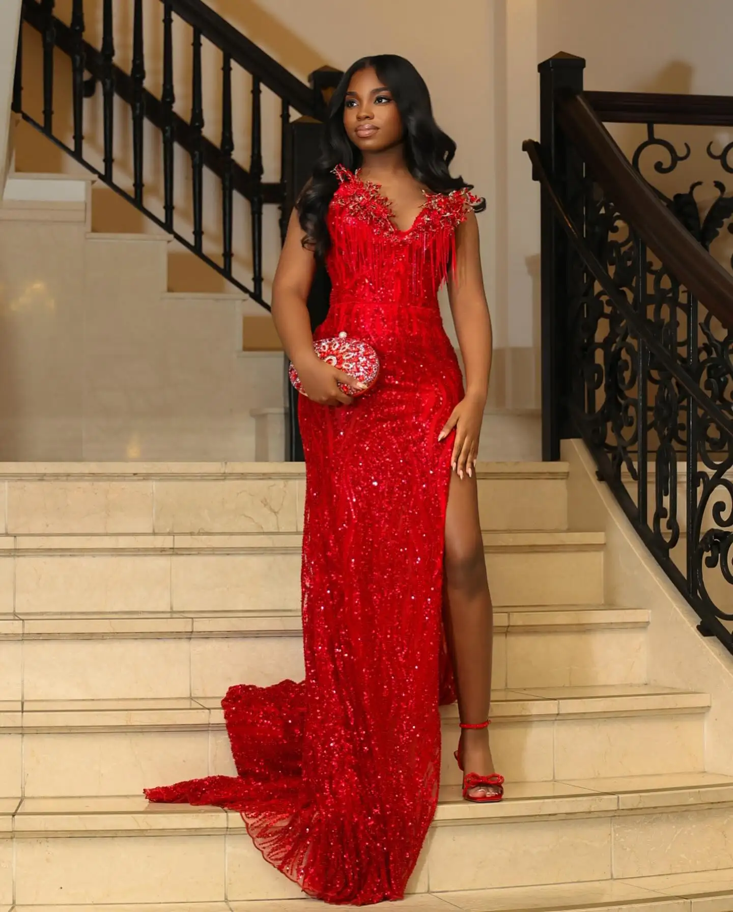 Afrykańska błyszcząca sukienka urodzinowa z koralikami Czarne sukienki ślubne dla dziewczynek Sesja zdjęciowa Suknia ślubna Aso Ebi Suknia weselna