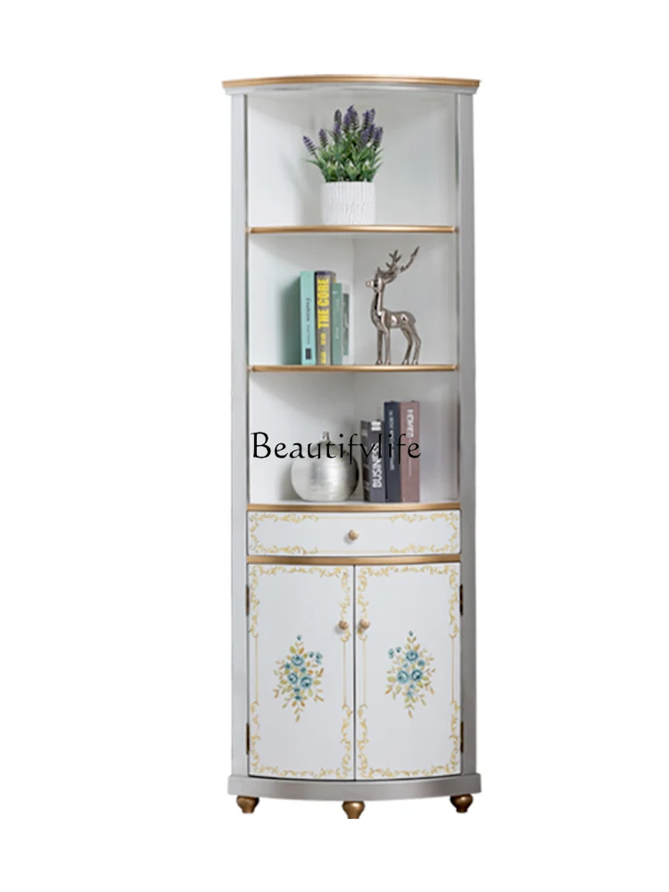 European Style Wine Cabinet Corner Cabinet American Solid Wood Painted Corner Cabinet Living Room Corner Shelf Curio