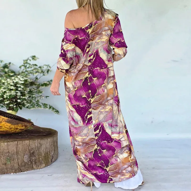 Abito lungo irregolare cavo sexy con una spalla Donna Primavera Texture Stampa Abito da sera allentato Abito Boho a maniche lunghe autunnale Mujer