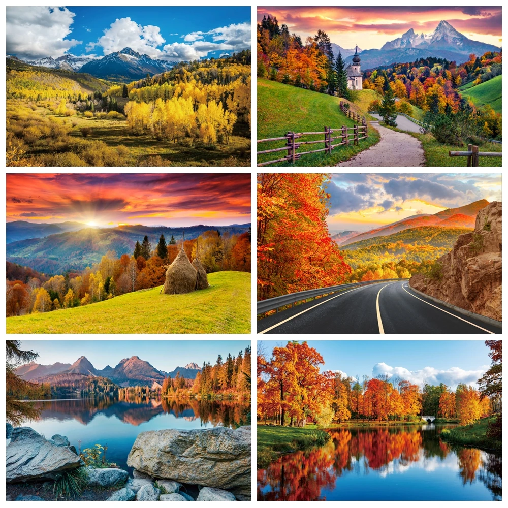 Осенний природный пейзаж, фон для фотосъемки, кленовый лес, гора, вода, дорога, река, осенний пейзаж, портрет, фотофон, декор