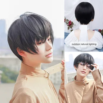 10-calowe czarne japońskie peruki syntetyczne w stylu przystojnym z grzywką Krótkie proste włosy Peruka dla mężczyzn Kobiety Codzienne Odporne na ciepło