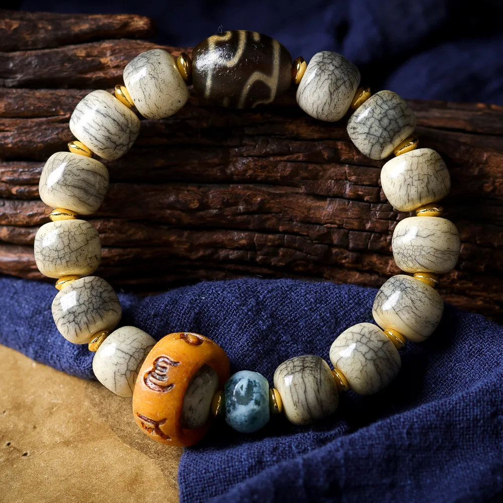 

Cracked Yak Bone Bead Bracelet Six-Word Mantra Ring Buddhist Vase Bead Cultural Artifact Bracelet Ethnic Jewelry