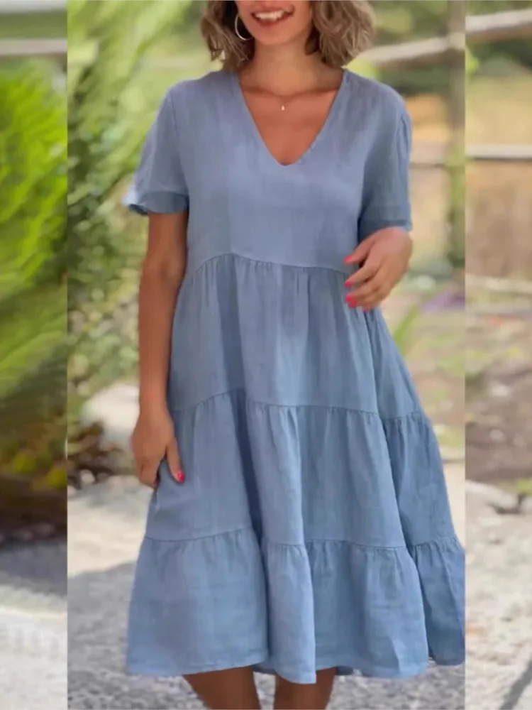 

New Summer Women's Fresh V-neck Solid Color Big Sway Dress Casual And Fashionable Loose Comfortable Mini Dress Females