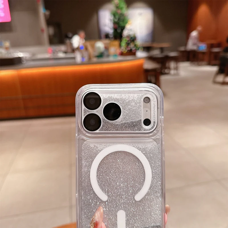 Magnetische Flüssigkeits-Quicksand-Linsenfolie Handyhülle für iPhone 17 18 Pro Max für MagSafe Trendige Sturzsichere Glitzer-Schutzhülle – Detail 11
