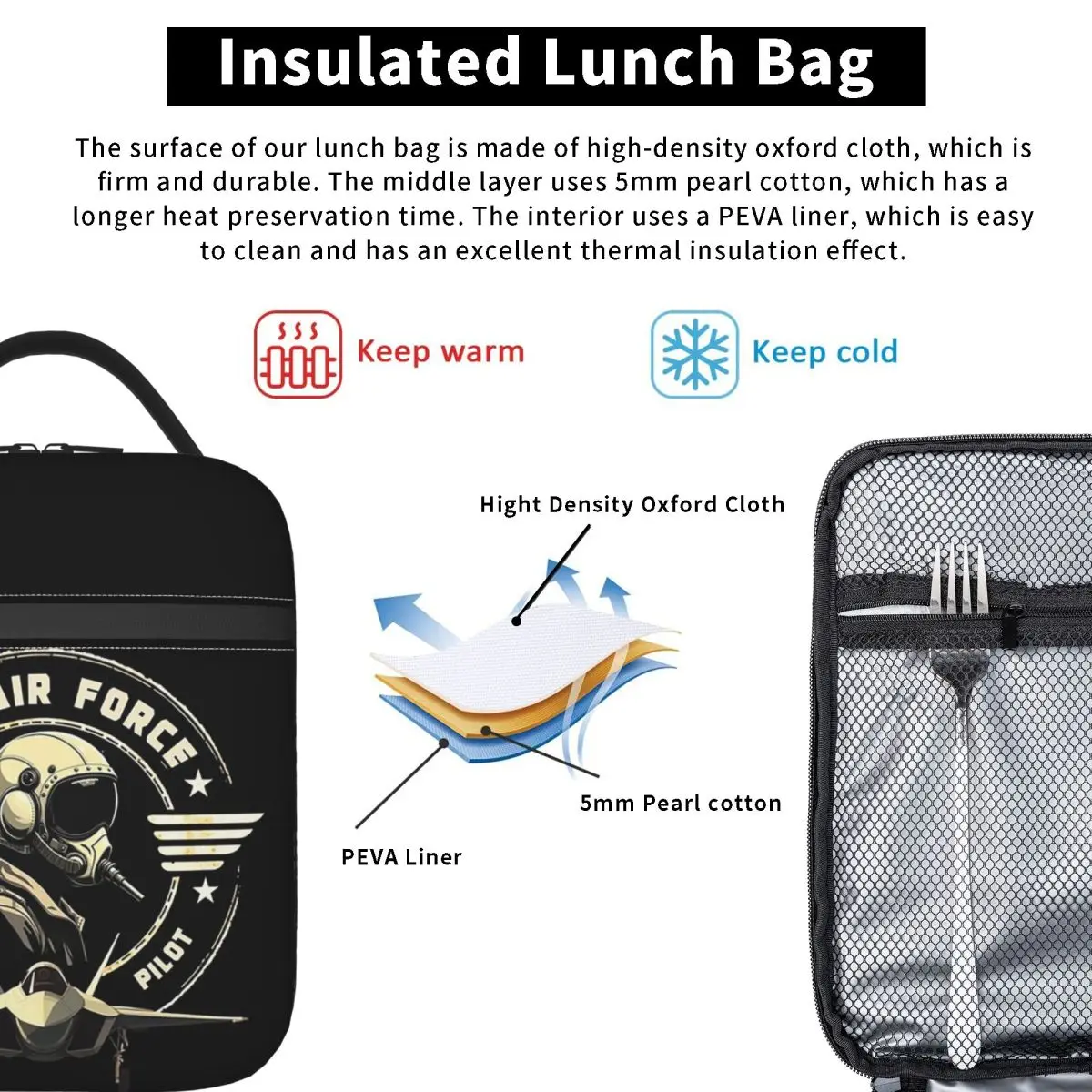 U.S. Air Force Fighter Pilot Military Aviation Vintage Insulated Lunch Bag for Women Children Food Boxes Thermal Lunch Box Tote