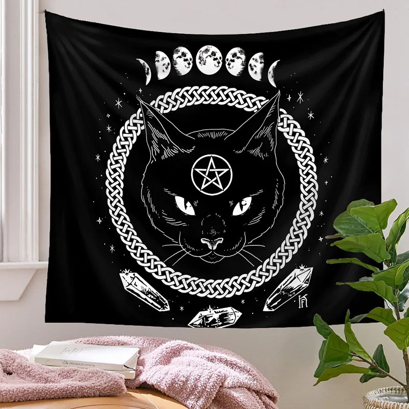 Black Cat Divination Printed Tapestry Indian Tarot Contrasting Wall Hanging Cloth Easy-To-Install Bedroom Meditation Room Decor