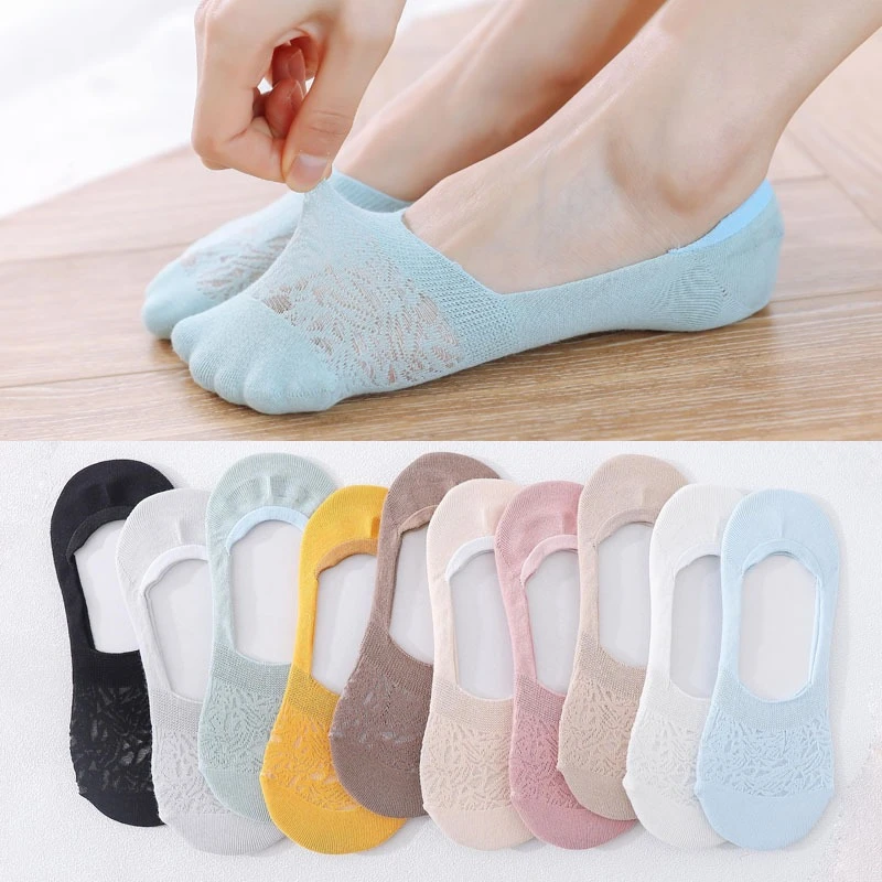 

2 Pairs Women Casual Breathable Ankle Boat Socks Girls Fashion Invisible Non-slip Cotton Crew Solid Candy Color Cotton Socks