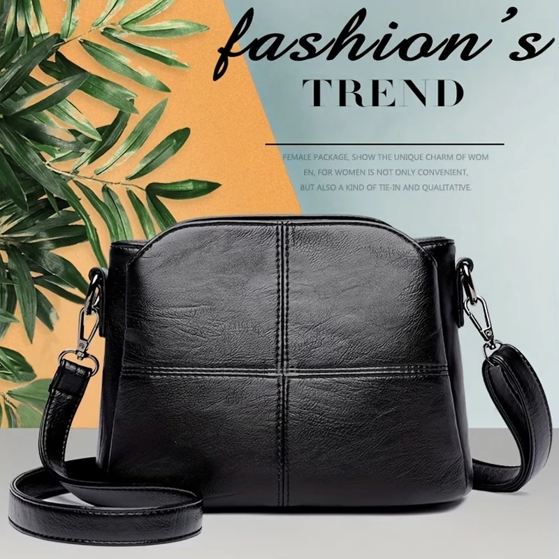 Damen-Umhängetasche im Vintage-Stil aus Kunstleder, lässige Alltagstasche, kleine Handtasche, mehrschichtiges Design mit Reißverschlussfächern, verstellbarer Riemen, leicht. – Detail 1