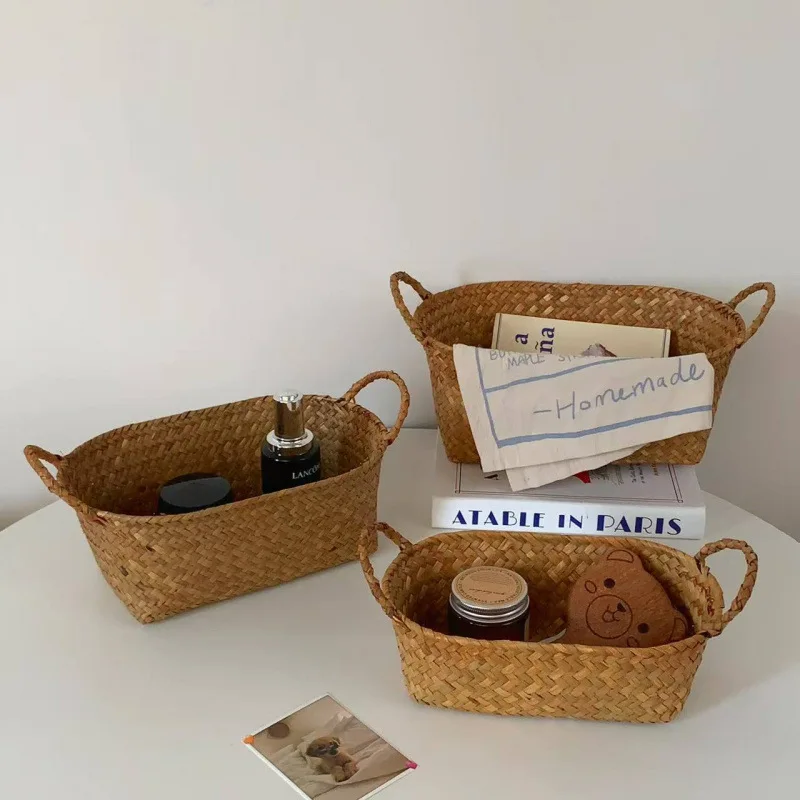 

Vintage Woven Storage Basket for Home Living Room Desktop Miscellaneous Items, Cosmetics Sorting and Storage Basket