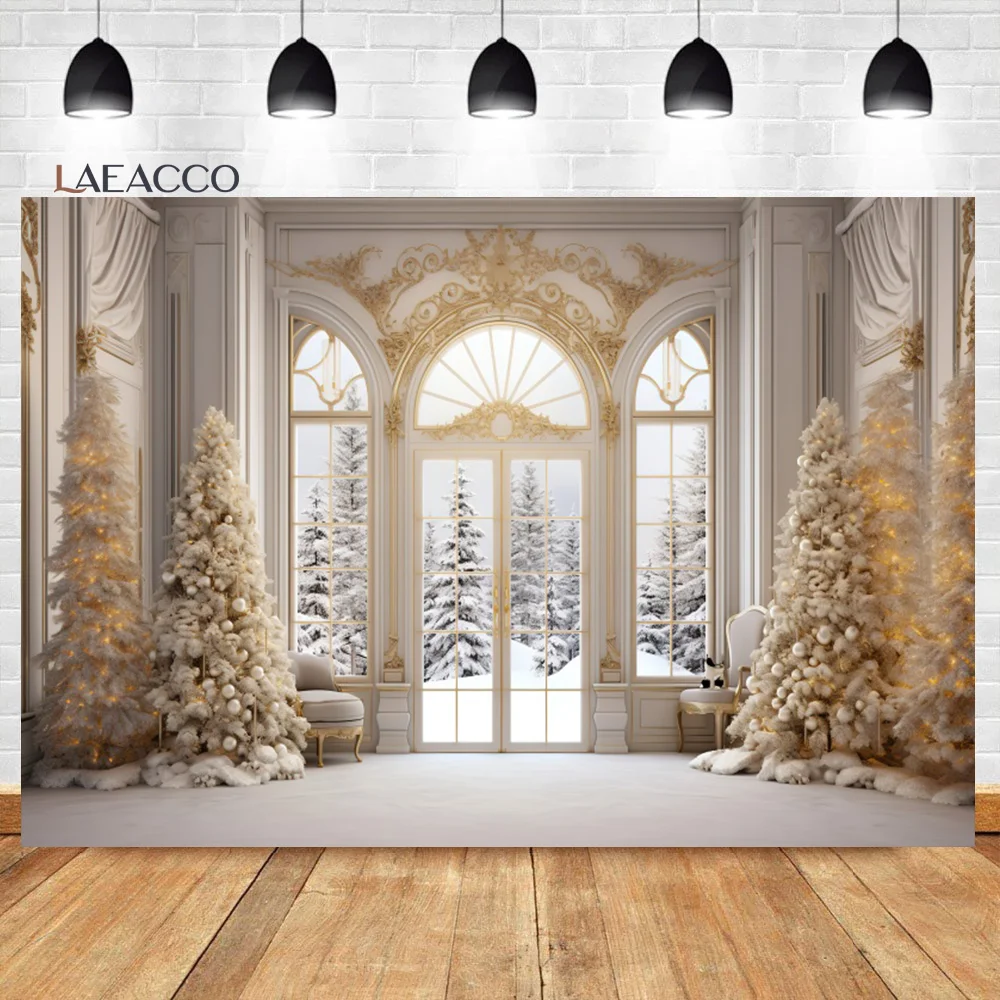 

Laeacco Winter White Snow Forest Photography Background Christmas Window Woodland Interior Decor Adults Kids Portrait Backdrop