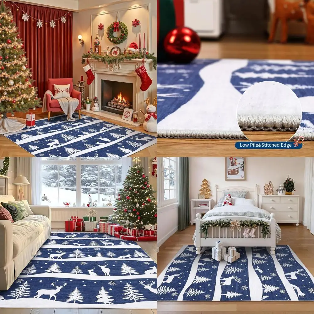 

5x7 Blue Living Room Rugs with Christmas Tree, Reindeer, and Snowflakes for Holiday Decor, Non-Slip, Low Pile, Washable for Dini