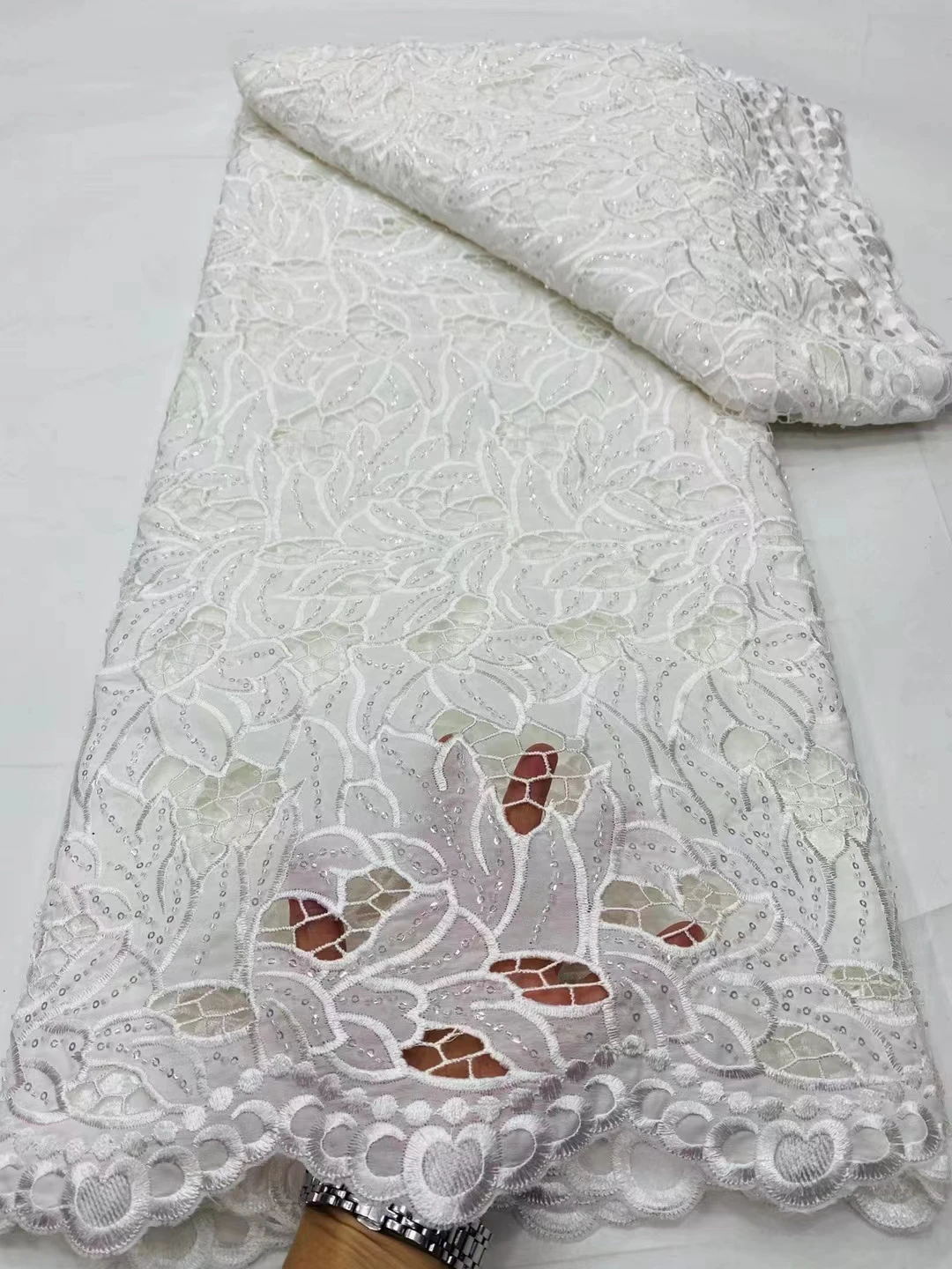 

High Quality African Lace Fabric 100%cotton Swiss Voile Lace With Beads Nigerian Tulle Sequined Popular Dubai Style 5 Ya AQ1-19