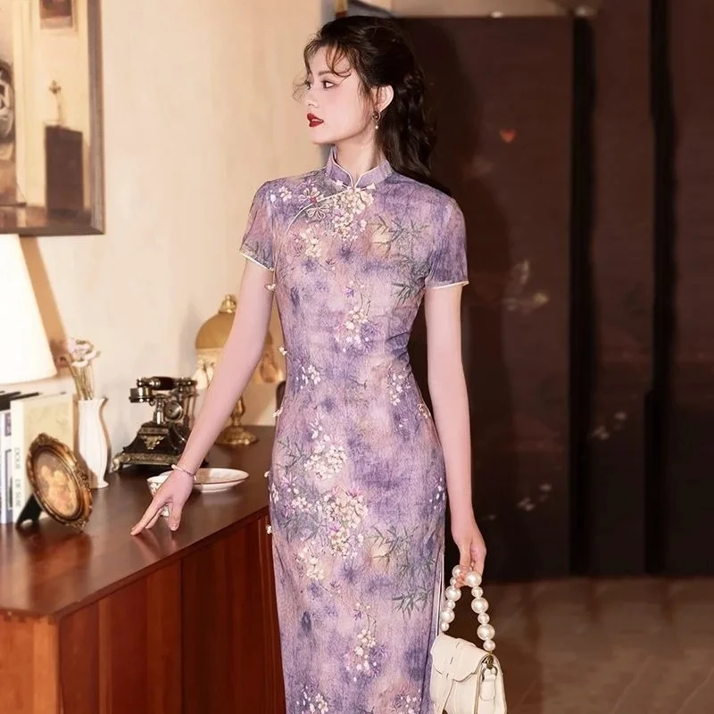 

High-end Purple Lace Printed Cheongsam Elegant Sweet Traditional Chinese Women Dress
