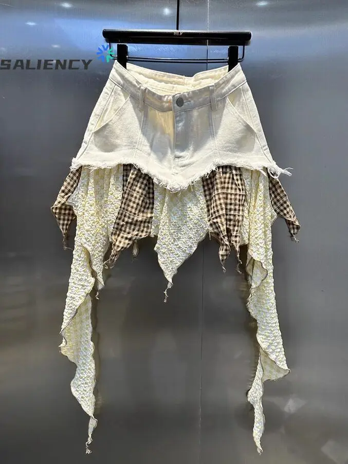 SALIENCY Vintage 2000s Sexy Harajuku Streetwear Y2k Skirts for Woman's A Line Irregular Patchwork Plaid Pant Skirts Summer